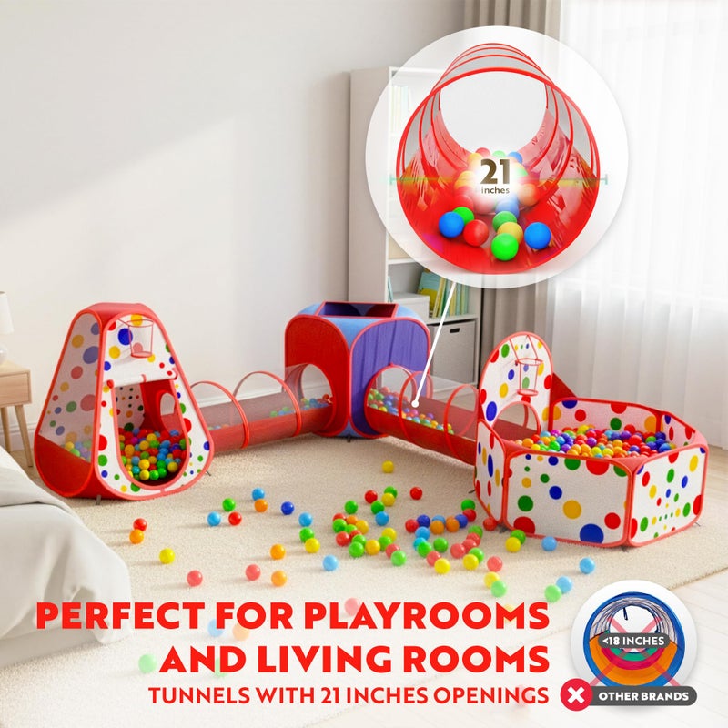 Playz 5-Piece Kids Play Tents Crawl Tunnels and Ball Pit Popup Bounce Playhouse Tent with Basketball Hoop for Indoor and Outdoor Use with Red Carrying Case - Image 4